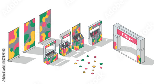 Isometric style colorful event display and finish line design elements for modern exhibitions