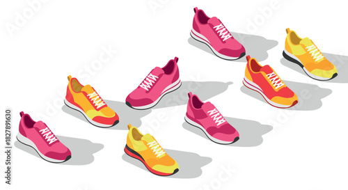 Colorful isometric sneakers collection on white background