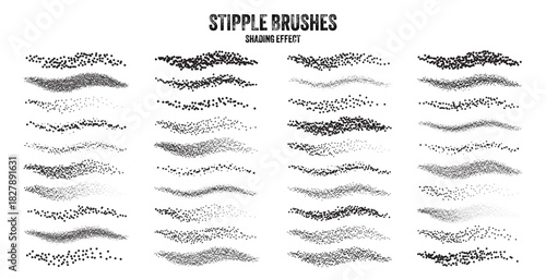 Ink scatter brush, stipple drawing and texturing. Fading gradient. Stippling, dotwork drawing, shading using dots. Halftone disintegration effect. White noise grainy texture. Vector illustration