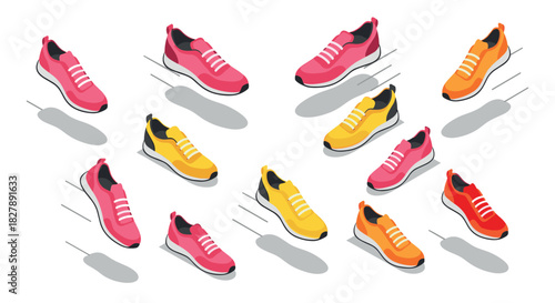 Colorful isometric sneakers pattern with shadows and white background