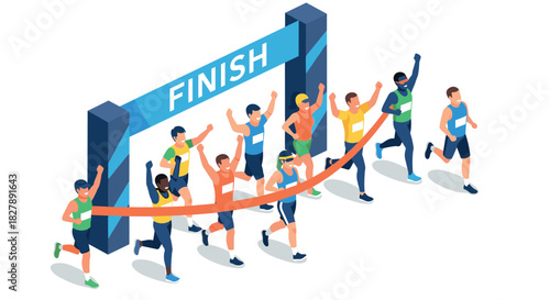 Isometric finish line race with diverse runners celebrating victory