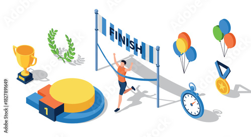 Isometric finish line celebration with trophies and balloons