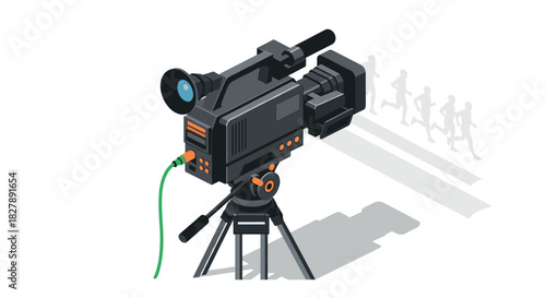 Retro film camera with running silhouettes in isometric style