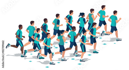 Isometric group of runners exercising in formation for fitness and health