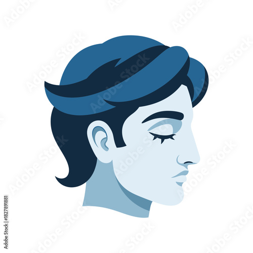 Stylized head of a person with closed eyes and a leafy crown.