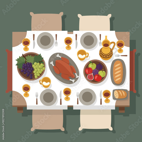 Table set with plates food drinks and chairs seen from above.