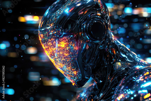 A futuristic metallic humanoid figure with a face made of glowing digital circuits and colorful lights, embodying advanced AI or cyberspace.