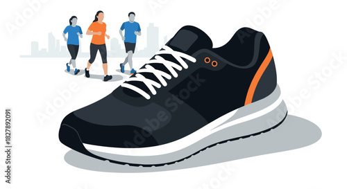 Stylish running shoe with jogging silhouette in city background