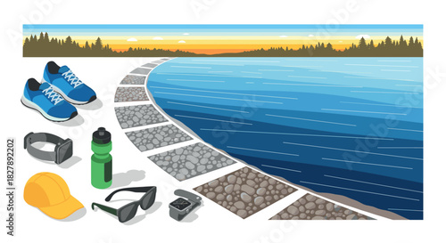 Outdoor fitness accessories by a lakeside at sunset