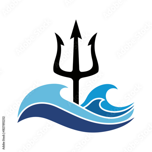 Black trident rises from blue waves illustration sea ocean water symbol.