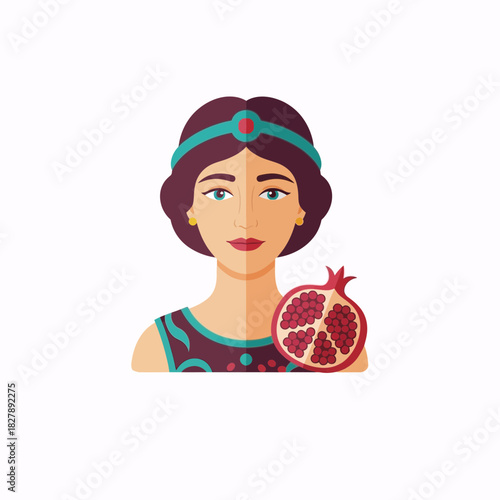 Woman with headband holding a pomegranate fruit flat vector illustration.
