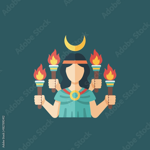 Figure holding torches with crescent moon above head flat vector illustration.
