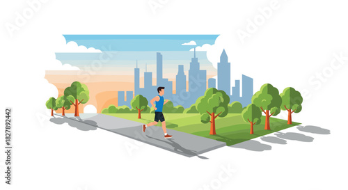Runner in a park with skyline background and sunrise in minimalist 3d style