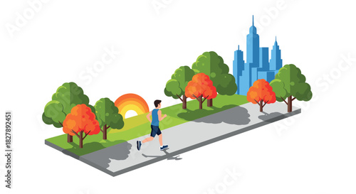 Morning run in vibrant park setting with city skyline and sunrise
