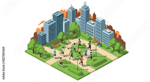 Urban city park scene with joggers in isometric design
