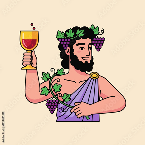 Man in toga holding wine glass with grapes and vine leaves illustration.