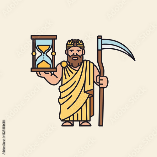 Cartoon man holds hourglass and scythe representing time and death concepts.