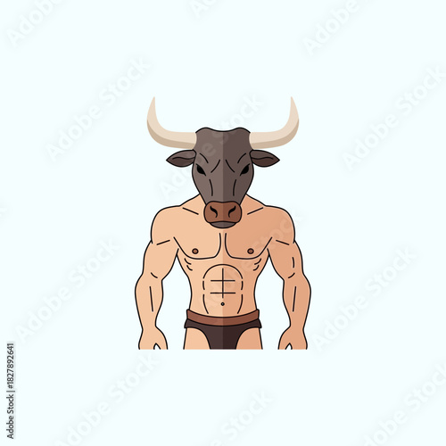 Cartoon minotaur with muscular body wearing briefs and having a bull head.