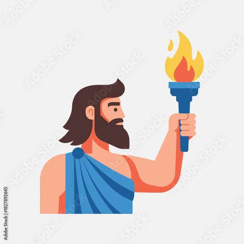 Man holds a torch with a flame wearing a blue toga.