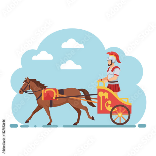 Cartoon drawing of a horse pulling a chariot with two figures inside.