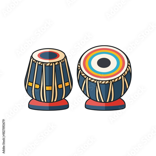Two tabla drums musical instruments percussion with black tops and red base.