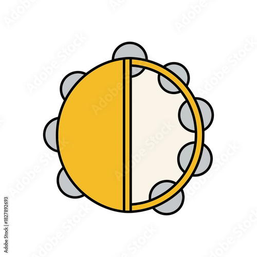 Half yellow tambourine with metal jingles musical instrument percussion object.