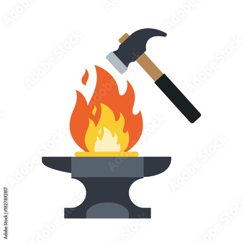 Hammer strikes anvil with fire blacksmithing forging metalwork craft illustration.