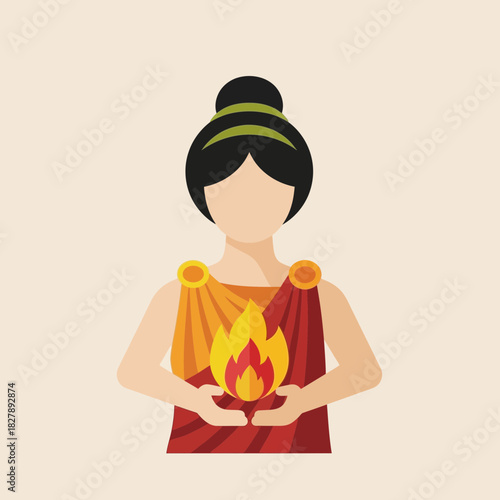 Woman holding a flame in her hands wearing a dress with orange accents.