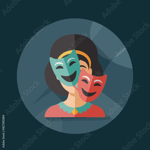 Woman holding theatrical masks representing happy and sad emotions flat design icon.