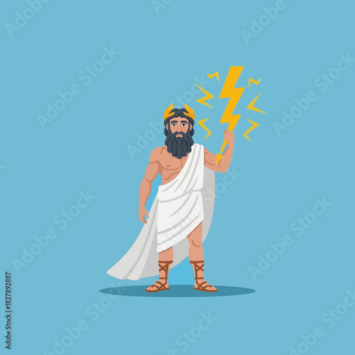 Man in toga holds lightning bolt illustration mythology ancient greek god.
