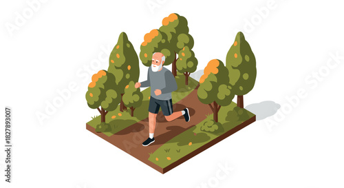 Elderly man jogging in autumn park with trees isometric design