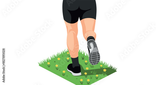 Isometric running scene: athletic person jogging outdoors on flowered grass