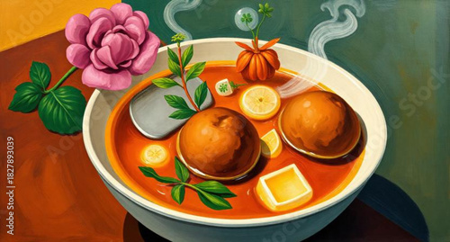 Delicious vegetable soup with meat in a white bowl, a healthy fresh gourmet dish for lunch or dinner