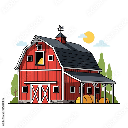 red barn illustration, representing classic American farming life