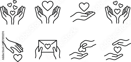 Hands and hearts icon set, love, care, giving, support, kindness, emotional connection, vector illustration, black and white