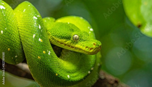 Bright green snake coiled on a branch, staring ahead with focused intensity