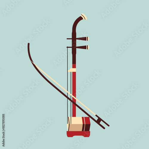 Stringed instrument with bow rests on it. Asian musical instrument.