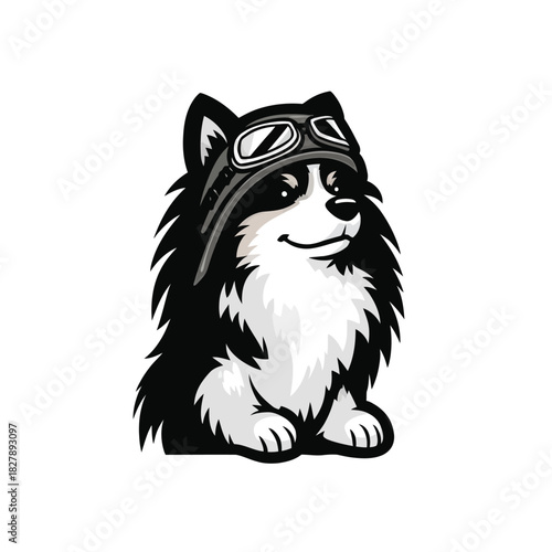 Fluffy dog in pilot goggles sits and smiles
