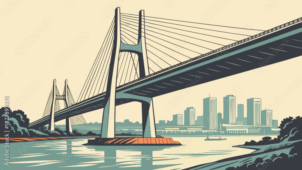 Fototapeta premium Cable-stayed bridge spanning a wide river with a modern city skyline and a small boat in the foreground, showcasing urban infrastructure, connection, and transit