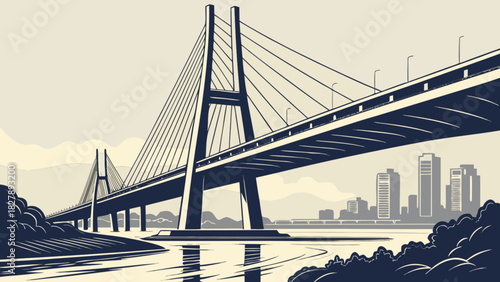Modern cable-stayed bridge spanning a wide river with a distant urban skyline, rendered in a two-tone flat illustration style showcasing architectural marvel and city connection.