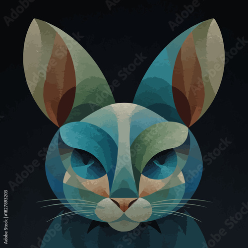 Abstract geometric feline face with large pointed ears in muted colors