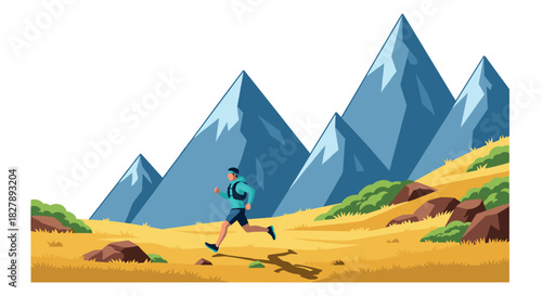 Hiker running in front of majestic mountains in flat style landscape