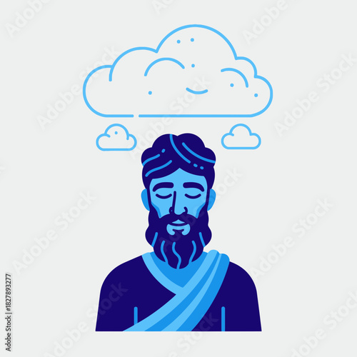 Man with beard under cloud illustration concept for sadness or depression.