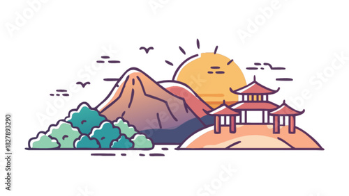 East asian landscape illustration: traditional pagoda temple on a serene hill, majestic mountains, lush green trees, and a vibrant sunset or sunrise sky. cultural travel icon.