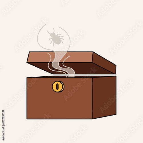 Brown chest with open lid emitting smoke or vapor.