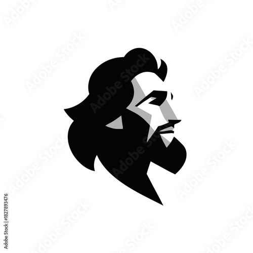 Stylized profile of a bearded man with flowing hair and sharp features