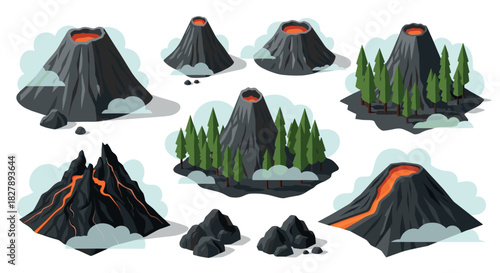 Collection of volcanic landscapes with lava and forest elements in a flat style