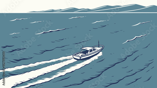 Motorboat speeding across wide blue ocean waters, leaving a white foamy wake, with an expansive horizon featuring distant mountains, captured in a graphic retro illustration style