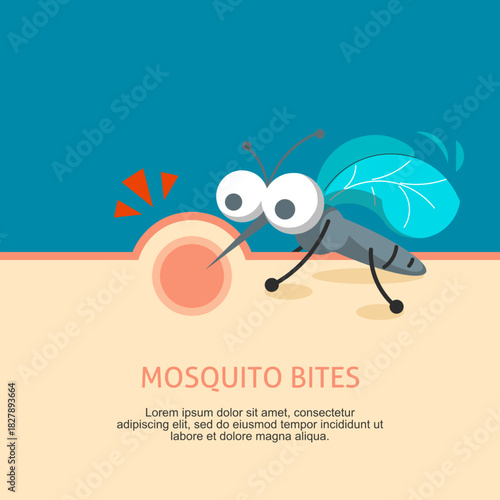 A cute cartoon mosquito bites human skin, creating a red itchy bump, highlighting irritation and the nuisance caused by mosquito bites.