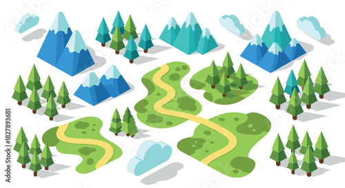 Isometric forest scene with mountains and winding path in flat design style